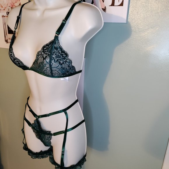 3 Piece Lace Lingerie Set Sexy Bra and Panties with Garter Straps and Garters - Picture 5 of 7